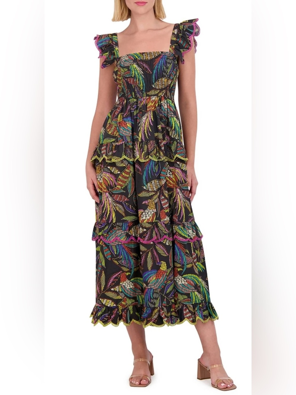 Vince Camuto Black Multi-Color Leaf Print Midi Dress